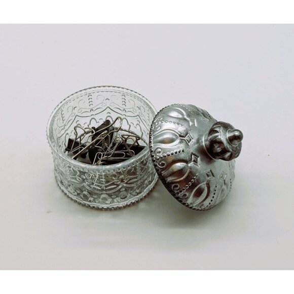 Decorative Small Clear Resin Storage Jar W/Ornate Silver Lid For Jewelry & More - Picture 1 of 7